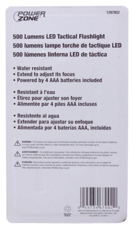 PowerZone 12093 Tactical Flashlight, AAA Battery, LED Lamp, 500 Lumens, 140 m Beam Distance, 2.5 hr Run Time, Black/Red