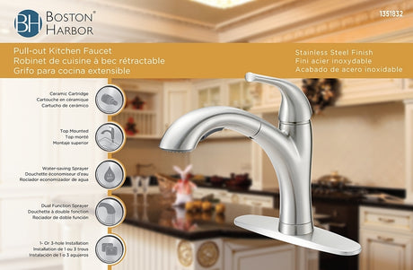 Boston Harbor TOBI21040010NP Pull Out Kitchen Faucet, 1.8 gpm, 1-Faucet Handle, 1, 3-Faucet Hole, Metal/Plastic