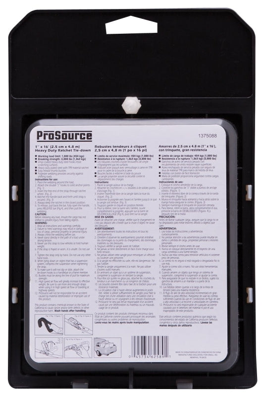 ProSource FH64058 Tie-Down, 1 in W, 16 in L, Yellow, J-Hook End Fitting, Steel End Fitting