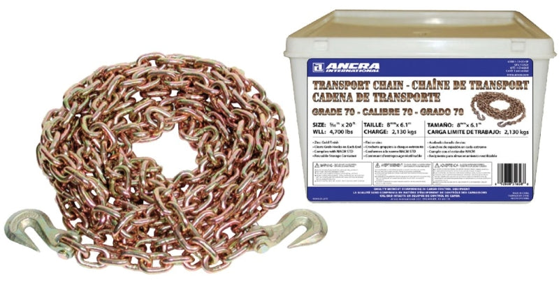 Ancra 45881-10-20-SP Transport Chain Assembly with Clevis Hook, 5/16 in, 20 ft L, 4700 lb Working Load, 70 Grade