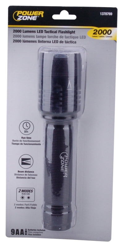 PowerZone 12139 Tactical Flashlight, AA Battery, LED Lamp, 2000 Lumens, 180 m Beam Distance, 8 hrs Run Time, Black