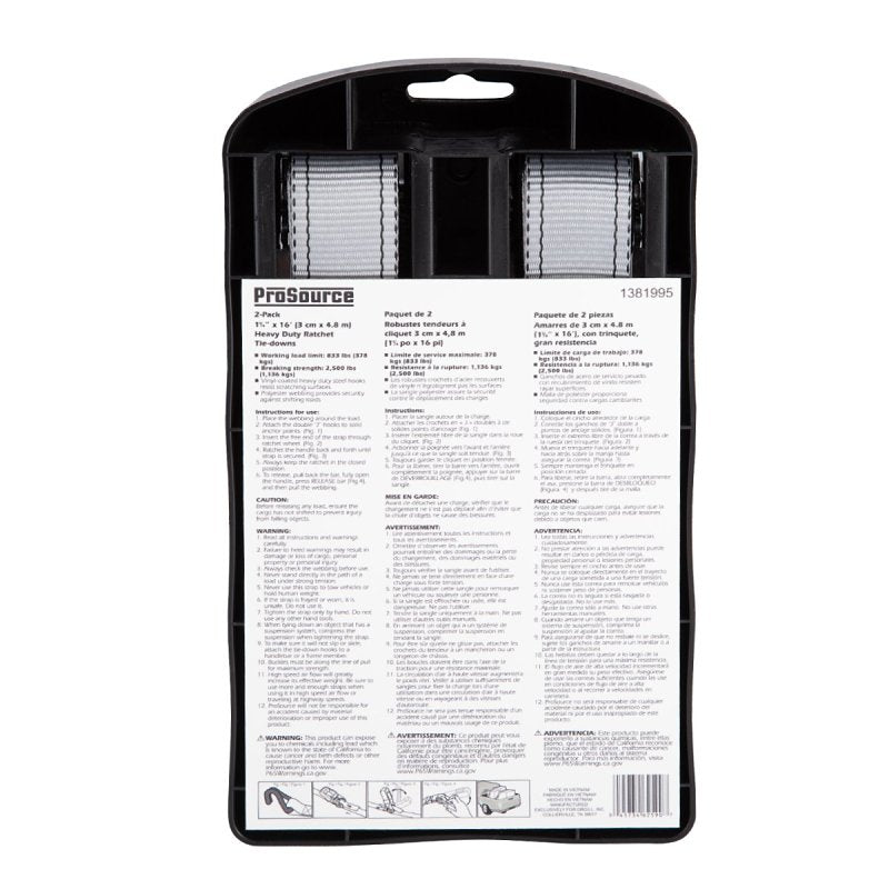 ProSource FH64059 Tie-Down, 1-1/4 in W, 16 ft L, Gray, J-Hook End Fitting, Steel End Fitting