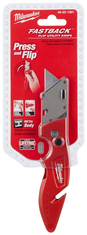 Milwaukee FASTBACK Series 48-22-1901 Utility Knife, 1 in L Blade, Metal Blade, Ergonomic Handle, Red Handle