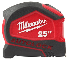 Milwaukee 48-22-1825 Tape Measure, 25 ft L Blade, 1 in W Blade, Steel Blade, Plastic Case, Black/Red Case