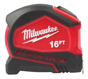 Milwaukee 48-22-1816 Auto-Lock Tape Measure, 16 ft L Blade, 1 in W Blade, Steel Blade, ABS Case, Black/Red Case