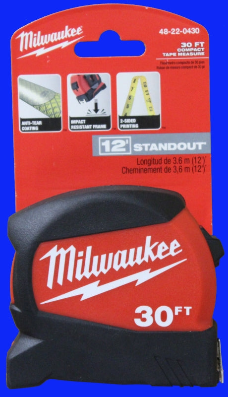 Milwaukee 48-22-0430 Tape Measure, 30 ft L Blade, 1-3/16 in W Blade, Steel Blade, ABS Case, Black/Red Case