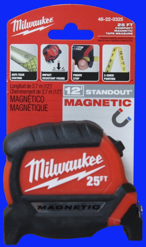 Milwaukee 48-22-0325 Tape Measure, Wide Blade, 25 ft L Blade, 1 in W Blade, Steel Blade, ABS Case, Black/Red Case