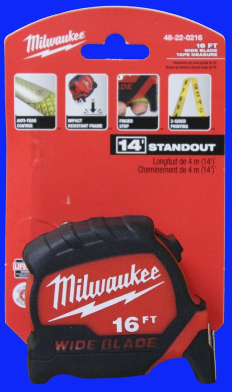Milwaukee 48-22-1216 Tape Measure, 16 ft L Blade, 1-3/8 in W Blade, Steel Blade, ABS Case, Black/Red Case