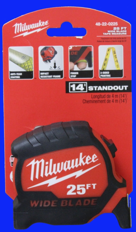 Milwaukee 48-22-1225 Tape Measure, 25 ft L Blade, 1-3/8 in W Blade, Steel Blade, Plastic Case, Black/Red Case