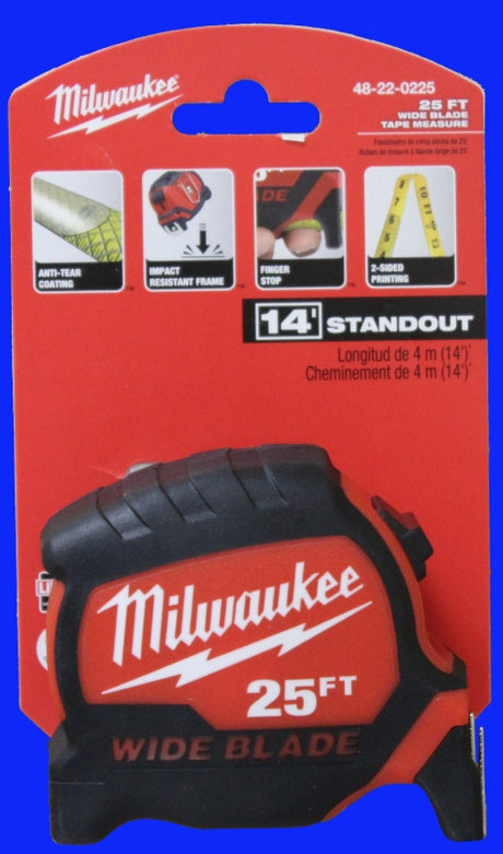 Milwaukee 48-22-1225 Tape Measure, 25 ft L Blade, 1-3/8 in W Blade, Steel Blade, Plastic Case, Black/Red Case