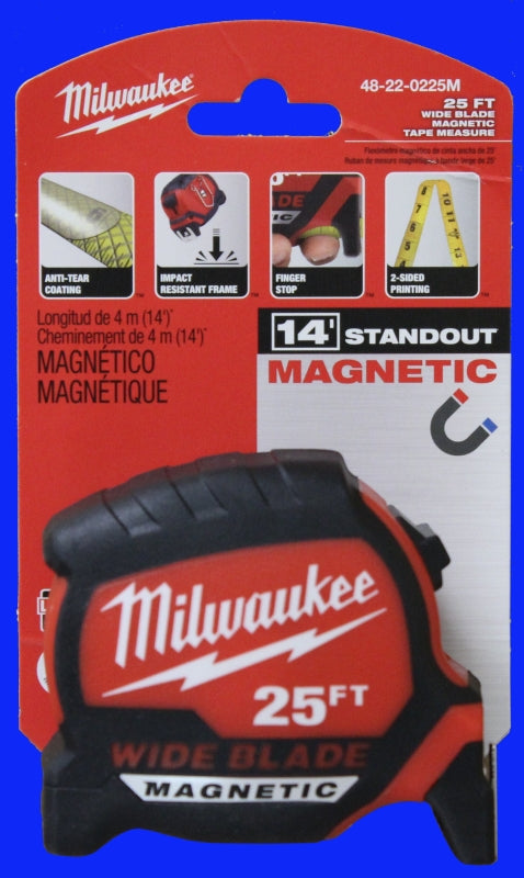 Milwaukee 48-22-1225M Magnetic Tape Measure, 25 ft L Blade, 1-3/8 in W Blade, Steel Blade, Plastic Case, Black/Red Case