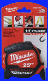 Milwaukee 48-22-1225M Magnetic Tape Measure, 25 ft L Blade, 1-3/8 in W Blade, Steel Blade, Plastic Case, Black/Red Case