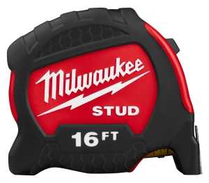 Milwaukee STUD Series 48-22-9716 Tape Measure, 16 ft L Blade, 1-19/64 in W Blade, Steel Blade, ABS Case, Black/Red Case