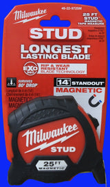 Milwaukee STUD Series 48-22-9725M Tape Measure, 25 ft L Blade, 1-5/16 in W Blade, Steel Blade, ABS Case, Black/Red Case