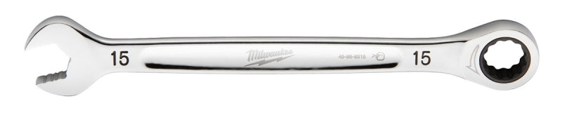 Milwaukee 45-96-9315 Ratcheting Combination Wrench, Metric, 15 mm Head, 8.17 in L, 12-Point, Steel, Chrome-Plated