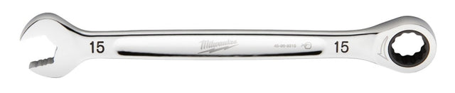 Milwaukee 45-96-9315 Ratcheting Combination Wrench, Metric, 15 mm Head, 8.17 in L, 12-Point, Steel, Chrome-Plated