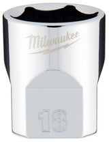 Milwaukee 45-34-9088 Socket, 18 mm Socket, Standard Socket, 3.543 in OAL, 3/8 in Drive, 6-Point, Chrome Vanadium Steel