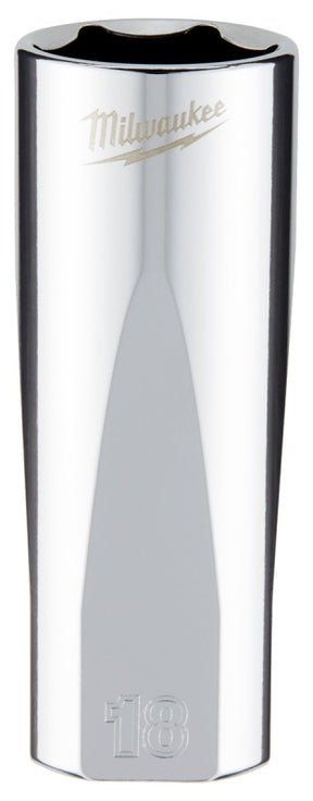 Milwaukee 45-34-0118 Deep Socket, 18 mm Socket, 3/8 in Drive, 6-Point, Chrome Vanadium Steel, Chrome-Plated