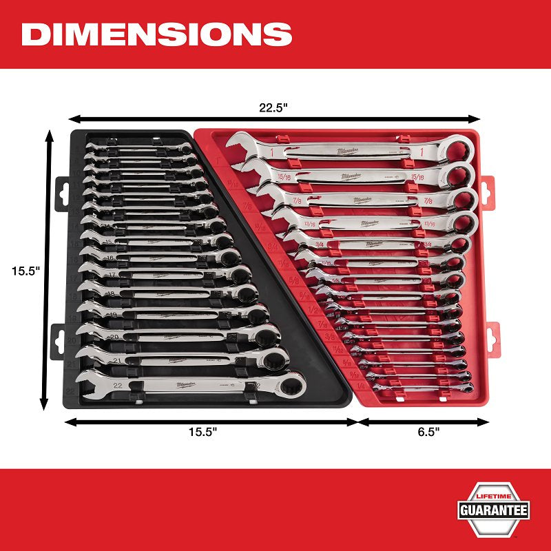Milwaukee 48-22-9416 Ratcheting Combination Wrench Set, 15-Piece, Alloy Steel, Chrome-Plated