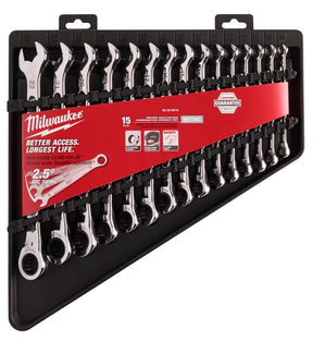 Milwaukee 48-22-9516 Ratcheting Combination Wrench Set, 15-Piece, Alloy Steel, Chrome-Plated