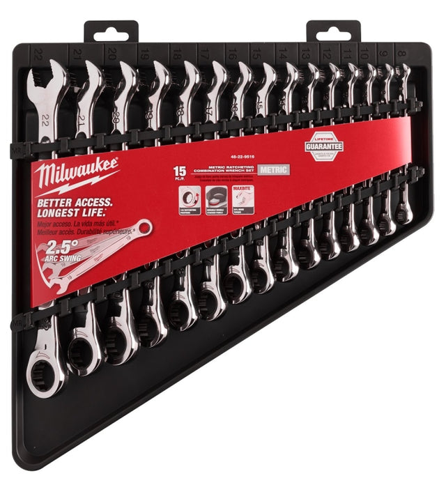 Milwaukee 48-22-9516 Ratcheting Combination Wrench Set, 15-Piece, Alloy Steel, Chrome-Plated
