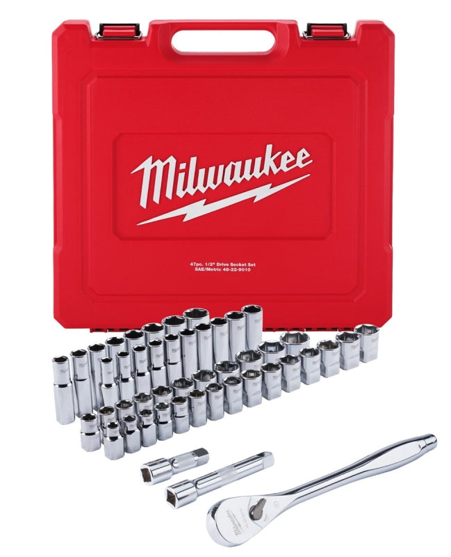 Milwaukee 48-22-9010 Ratchet and Socket Set, Alloy Steel, Specifications: 1/2 in Drive Size, SAE, Metric Measurement