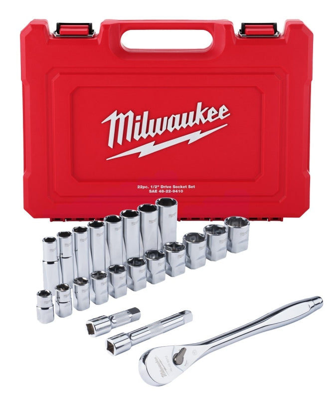 Milwaukee 48-22-9410 Ratchet and Socket Set, Alloy Steel, Specifications: 1/2 in Drive Size, SAE Measurement