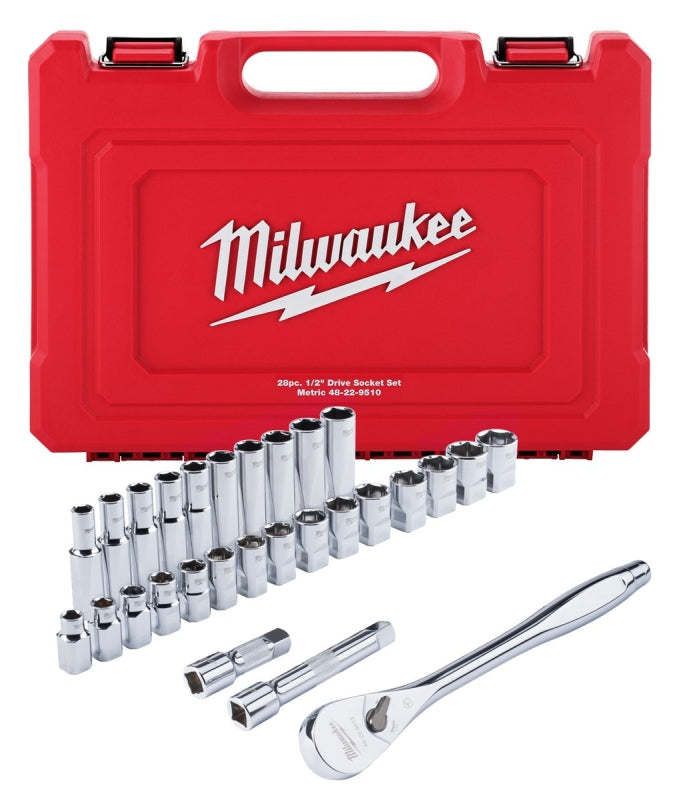 Milwaukee 48-22-9510 Ratchet and Socket Set, Alloy Steel, Specifications: 1/2 in Drive Size, Metric Measurement