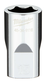 Milwaukee 45-34-9116 Socket, 15 mm Socket, Standard Socket, 1/2 in Drive, 6-Point, Chrome Vanadium Steel, Chrome