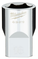 Milwaukee 45-34-9119 Socket, 18 mm Socket, Standard Socket, 1/2 in Drive, 6-Point, Chrome Vanadium Steel, Chrome