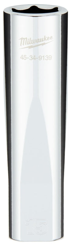 Milwaukee 45-34-9139 Socket, 15 mm Socket, Deep Socket, 0.85 in OAL, 1/2 in Drive, 6-Point, Chrome Vanadium Steel