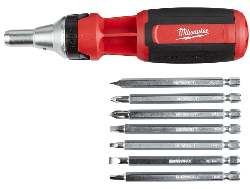 Milwaukee 48-22-2322 Ratcheting Multi-Bit Driver, 1/4 in Drive, Square Drive, 7 in OAL, Plastic Handle, Magnetic