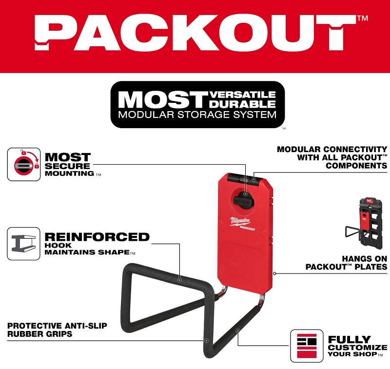 Milwaukee PACKOUT 48-22-8332 Wide Hook, 25 lb Load, 9 in L, 3-1/2 in W, 8 in H, Metal/Polymer, Black/Red