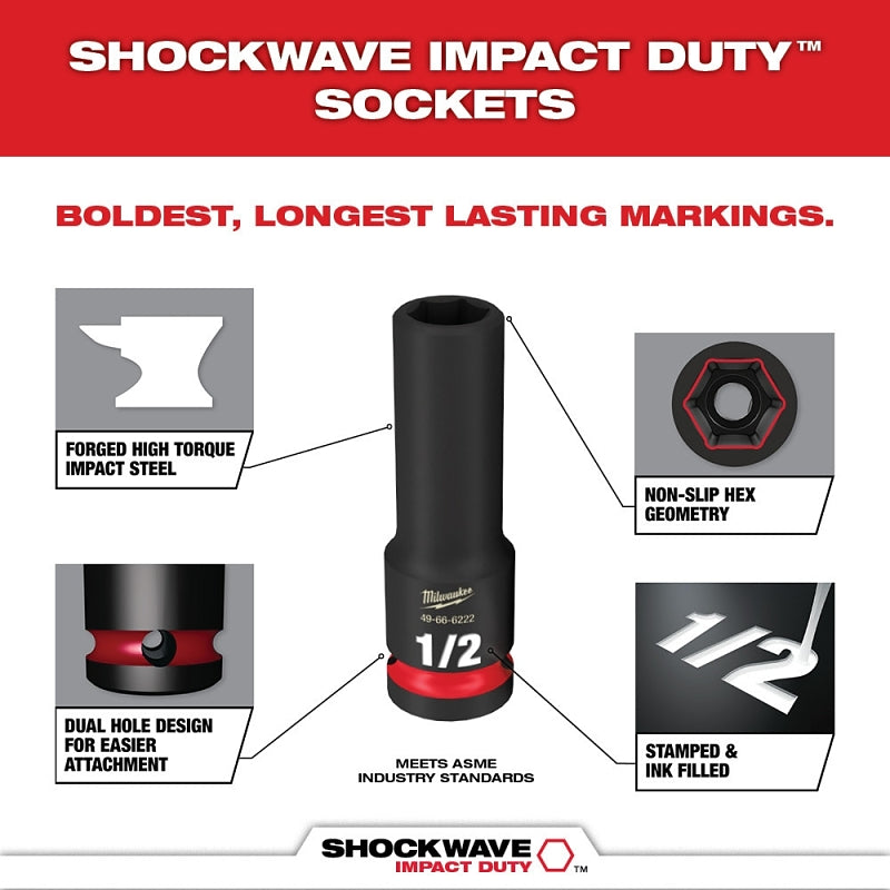 Milwaukee SHOCKWAVE Impact Duty Series 49-66-6802 Socket Set, Chrome Molybdenum Steel, Specifications: 1/2 in Drive