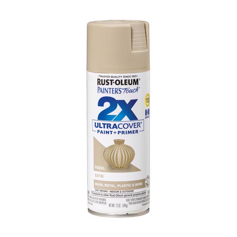 Rust-Oleum Painter's Touch 2X Ultra Cover Satin Fossil Paint+Primer Spray Paint 12 oz, Pack of 6