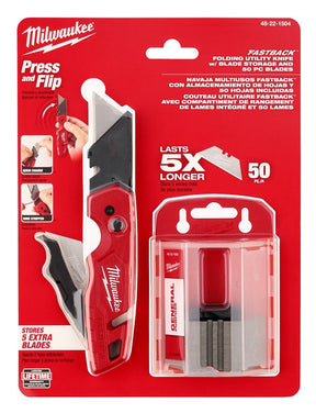Milwaukee FASTBACK Series 48-22-1504 Folding Utility Knife and Blade Set, 1-1/4 in L Blade, Steel Blade, 50-Blade