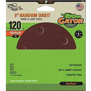 Gator 3783 Sanding Disc, 5 in Dia, 120 Grit, Fine, Aluminum Oxide Abrasive, Vented, 5/PK