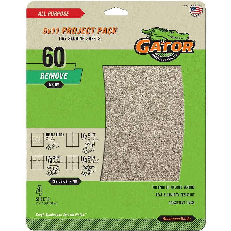 Gator 4440 Sanding Sheet, 11 in L, 9 in W, Aluminum Oxide Abrasive, 60 Grit, Coarse