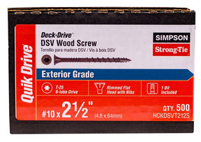 Simpson Strong-Tie Deck-Drive DSV HCKDSVT212S Screw, #10 Thread, 2-1/2 in L, Ribbed Flat Head, T25 Drive, Steel