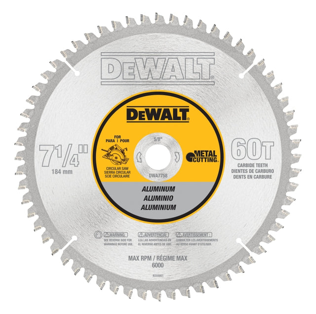 DEWALT DWA7758 Circular Saw Blade, 7-1/4 in Dia, 5/8 in Arbor, 60-Teeth, Tungsten Carbide Cutting Edge