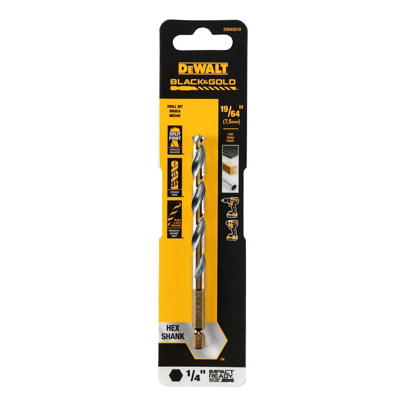 DEWALT DWA5019 Drill Bit, 19/64 in Dia, 4-1/2 in OAL, Heavy-Duty, 1/4 in Dia Shank, Hex Shank