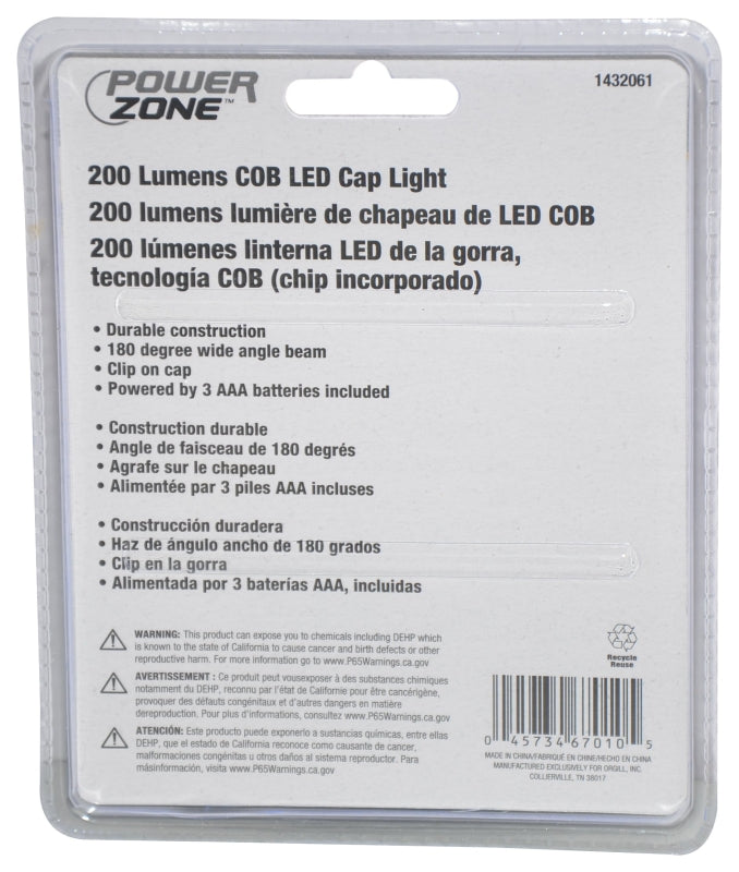 PowerZone 12304 COB Cap Light, AAA Battery, LED Lamp, 200 Lumens, 10 m Beam Distance, 3 hr Run Time, Black/Blue/Orange, Pack of 6