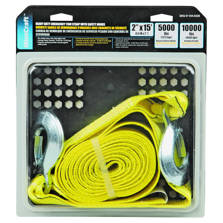 ProSource FH64061 Emergency Tow Strap, 10,000 lb, 2 in W, 15 ft L, Hook End, Polyester Webbing, Steel Hook, Yellow