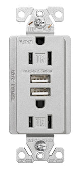 Arrow Hart TR7755SG-K-L Combination USB Duplex Receptacle, 2-Pole, 3.1 a USB, 15 a Receptacle, 2-USB Port