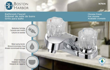 Boston Harbor F5120067CP Lavatory Faucet, 1.2 gpm, 2-Faucet Handle, 3-Faucet Hole, Metal/Plastic, Chrome, Round Handle