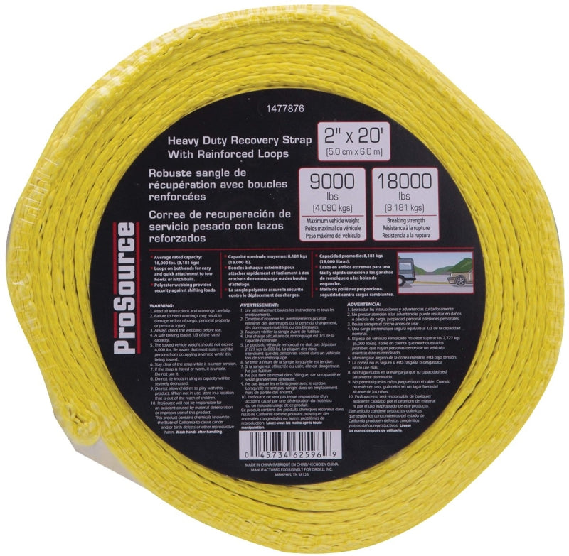 ProSource FH64062 Recovery Strap, 18,000 lb, 2 in W, 20 ft L, Polyester, Yellow