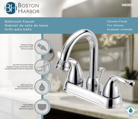 Boston Harbor TQ-5111080CP Lavatory Faucet, 1.2 gpm, 2-Faucet Handle, 3-Faucet Hole, Metal/Plastic, Chrome