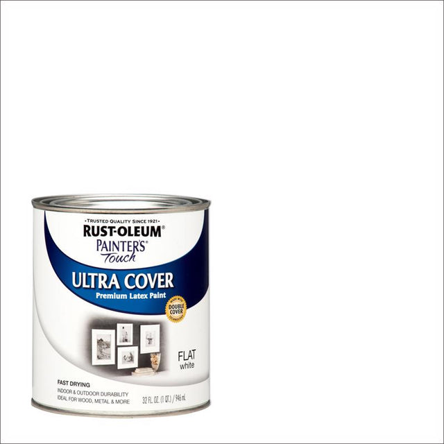 Rust-Oleum Painters Touch Ultra Cover Flat White Water-Based Paint Exterior and Interior 1 qt, Pack of 2