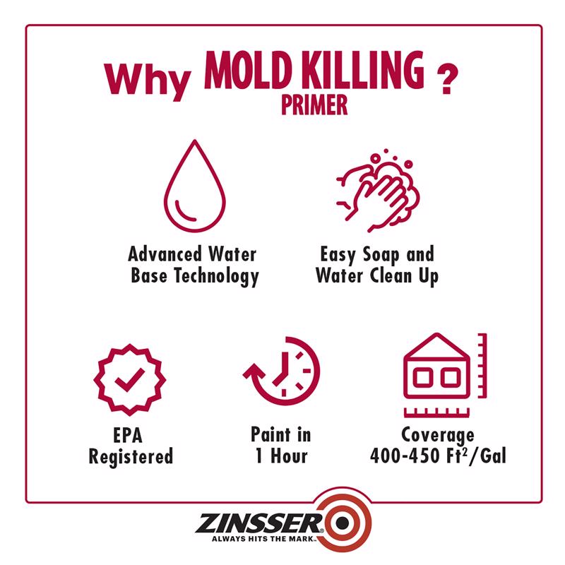Zinsser White Water-Based Acrylic Mold Killing Primer 1 qt, Pack of 4