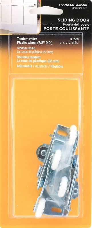 Prime-Line N 6530 Door Roller, 7/8 in Dia Roller, 1/4 in W Roller, Nylon/Steel, Silver, 2-Roller, 75 lb, Top Mounting